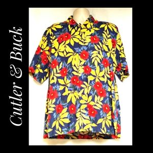 Cutter & Buck Hawaiian Shirt Yellow Red Blue Large